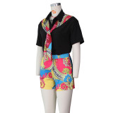 Ladies suit fashion stitching printed shirt shorts set G0390
