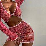 New women's see-through mesh printed T-shirt high waist bag hip skirt casual suit K21S03811