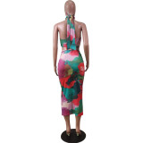 Fashion sexy tie-dye hollow wrap-chest long skirt WY6794