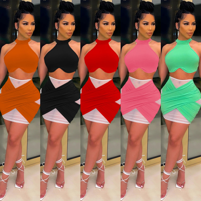 Women's round neck tube top hollow package hip fashion sexy color matching skirt suit SZ8127