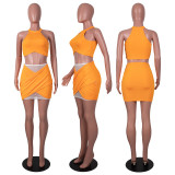 Women's round neck tube top hollow package hip fashion sexy color matching skirt suit SZ8127