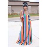 Horizontal and vertical stripes color printing loose casual suspender skirt k8109
