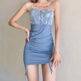 Fashionable temperament light mature stitching gauze printing suspender dress K21D01452