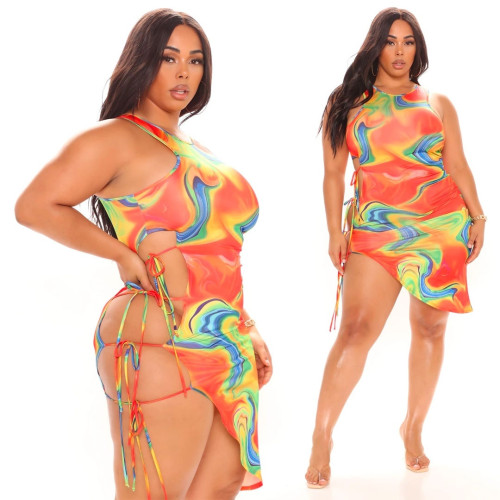 Plus size women's dress with printed round neck vest and split straps SC0308