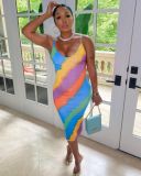 Fashion casual digital printing rainbow dress suspender skirt A8611