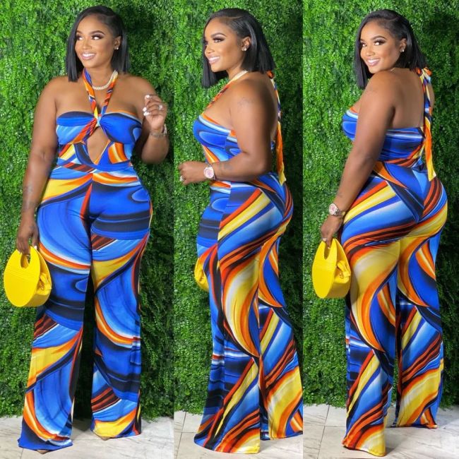 Plus size women's printed tube top halter neck cutout jumpsuit SC0314