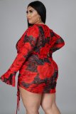Printed suit drawstring long sleeve large size polyester net printing sexy nightclub two-piece suit N7228