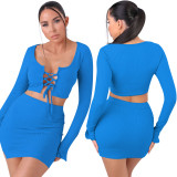 Lace-up long-sleeved sexy blouse with split buttocks miniskirt autumn two-piece suit W9318