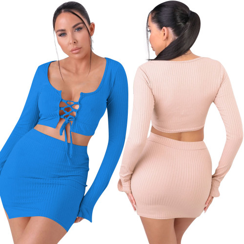 Lace-up long-sleeved sexy blouse with split buttocks miniskirt autumn two-piece suit W9318
