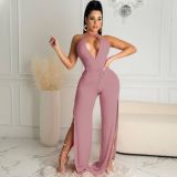 Women's hollow fashion sexy solid color lace split sleeveless jumpsuit PQ8054