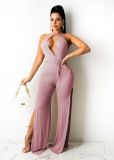 Women's hollow fashion sexy solid color lace split sleeveless jumpsuit PQ8054