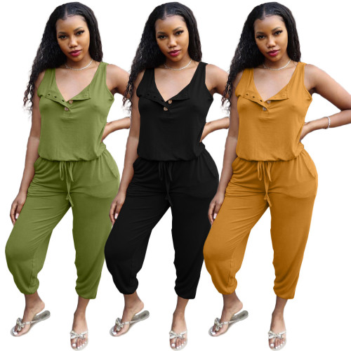 Sleeveless loose-breasted collar pocket leggings casual jumpsuit CH8222
