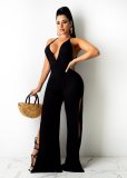 Women's hollow fashion sexy solid color lace split sleeveless jumpsuit PQ8054