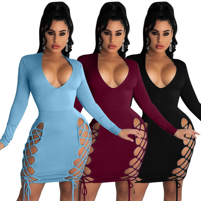 Nightclub solid color strappy sexy dress DL8076