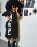 Fashion round neck letter printing split large size dress Y10007