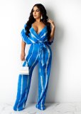 Ladies Tie Dye Loose V-Neck Wide Leg Pants Two-Piece Set L258