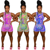 Women's water wave print jumpsuit + shorts two-piece suit L249