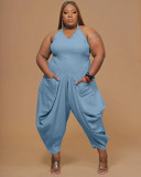 Fashion women's plus size 5XL solid color sling harem jumpsuit Q7167