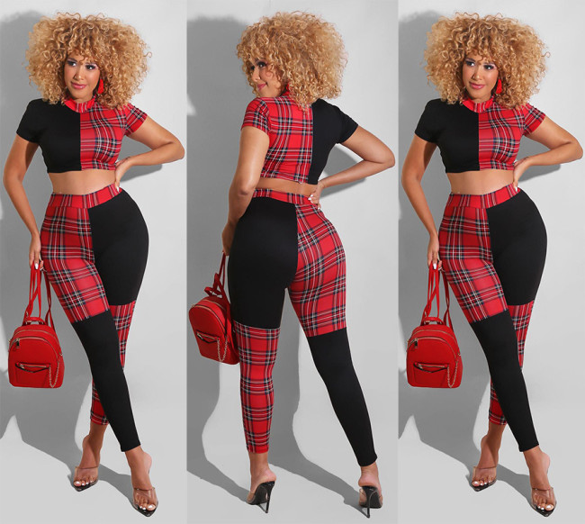 Two-piece autumn fashion plaid print short-sleeved trousers Z60060