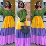 Large size word collar elastic waist lantern sleeve contrast color cake dress dress L0358
