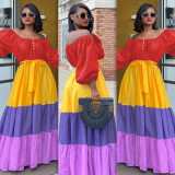 Large size word collar elastic waist lantern sleeve contrast color cake dress dress L0358