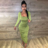 Women's Square Collar Solid Color Long Sleeve Slim Pleated Sexy Dress Q21Y914