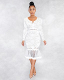 Sexy small V-neck long sleeve lace mermaid skirt perspective dress Q21W920