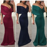 Sexy one-shoulder deep V solid color mermaid dress L0152