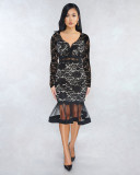 Sexy small V-neck long sleeve lace mermaid skirt perspective dress Q21W920