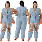 Oversized fat woman long-sleeved frosted washed ripped denim jumpsuit QJ6109