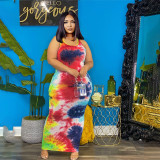 New plus size women's European and American style round neck tie-dye printing vest dress sleeveless long skirt L9146