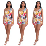 Women's wholesale one-shoulder sexy printed dress summer casual short skirt YY5293