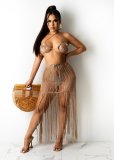 Women's knitted mesh sexy tube top fringed beach dress two-piece suit TS1165