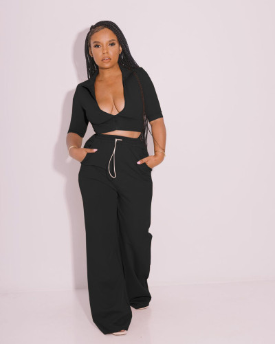 Women's casual sports tight-fitting wide-leg zipper two-piece suit Y81337