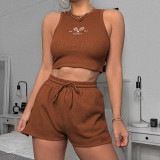 New Solid Color Embroidered Sleeveless Vest Crop Shorts Set R21ST136