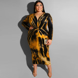 Tie-dye printed V-neck tight sexy long plus size women's dress OSS19425