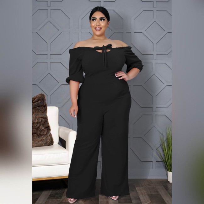 Fashion plus size women's solid color one-shoulder strap wide-leg pants jumpsuit AP7050