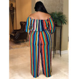Fashion plus size women's fashion colorful striped bandage wide-leg jumpsuit AP7053