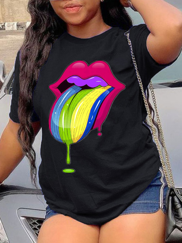 Digital Printed Colorful Lips Short Sleeve T-Shirt LM8271