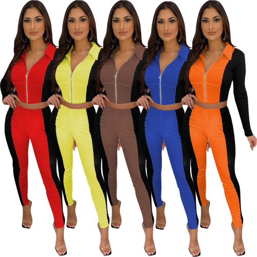 New women's rib stitching and contrast color casual sports two-piece suit TS1086