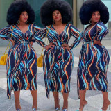 Plus Size Women's Wavy Striped Printed V-Neck Dress PH13242