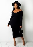 New sexy big V strapless solid color ribbed casual dress A5085