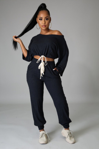 Two-piece solid color ribbed off-shoulder strappy loose trousers A5084