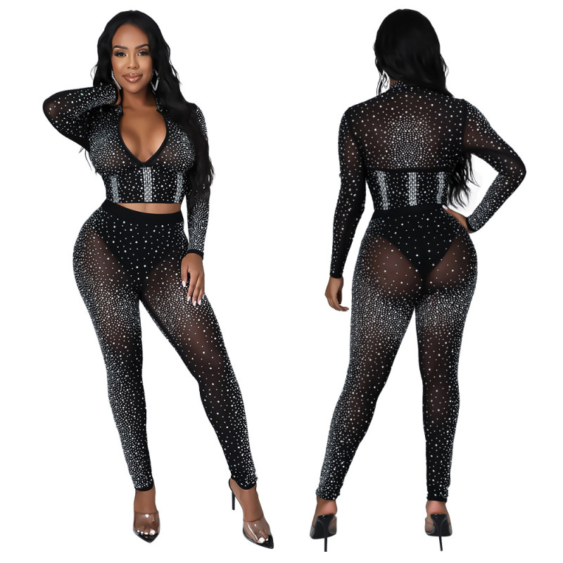Sexy long-sleeved zipper jacket with slim pencil pants hot drill nightclub two-piece suit CY9195
