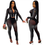 Sexy long-sleeved zipper jacket with slim pencil pants hot drill nightclub two-piece suit CY9195