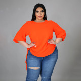 Solid color round neck lady fat lady large size irregular long-sleeved blouse MM2115