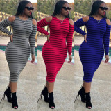 Autumn new style striped off-shoulder long-sleeved fashion casual dress L6211