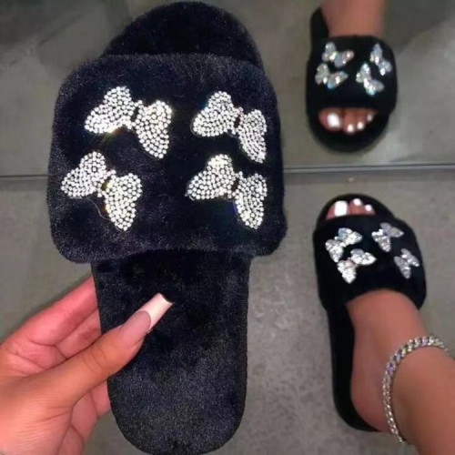 2021 summer new style large size foreign trade low-heeled flat-bottomed plush butterfly breathable casual Korean spot slippers women HWJ722