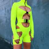 2021 autumn women's new sexy hollow bag hip tight-fitting fluorescent color long-sleeved sports jumpsuit K21S06149