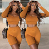 Women's casual fashion solid color long-sleeved shorts two-piece suit XR3004